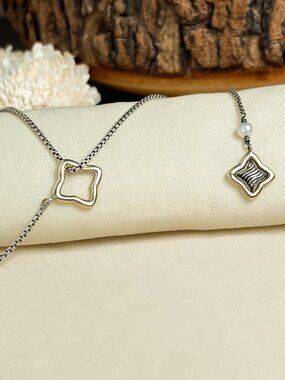 David Yurman Quatrefoil Pearl Lariat Necklace 18K Gold & Sterling Silver